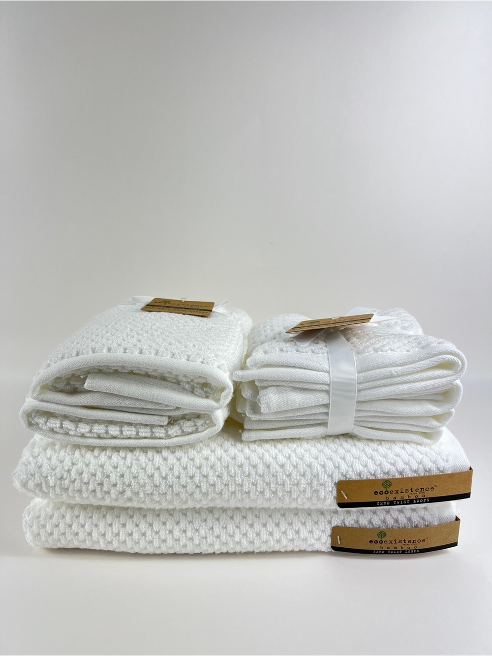 Ecoexistence Bamboo Bath Towel Set White Zero Twist Loops Soft Textured 8 Pc NEW